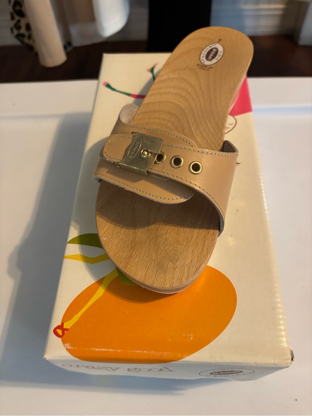 Dr. Scholl's Nude Tan Slide Sandal with Gold Buckle